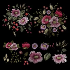 Behang Traditional folk flower fashionable embroidery on the black background. A bouquet of roses and a dog rose, for printing on clothes, vector © chikovnaya