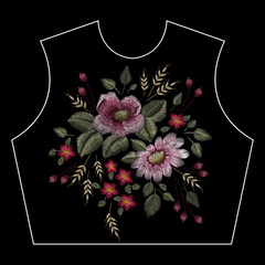 Traditional folk flower fashionable embroidery on the black background. A bouquet of roses and a dog rose, for printing on clothes, vector