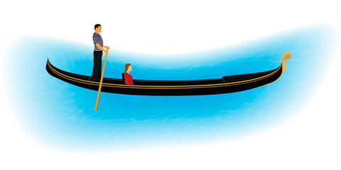 Venice romantic gondolier carries a woman in a gondola. Italian man profession for tourists.