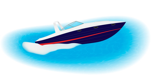 Fast motorboat sails on speed through sea. Luxury boat for active rest. Isolated on a white background.