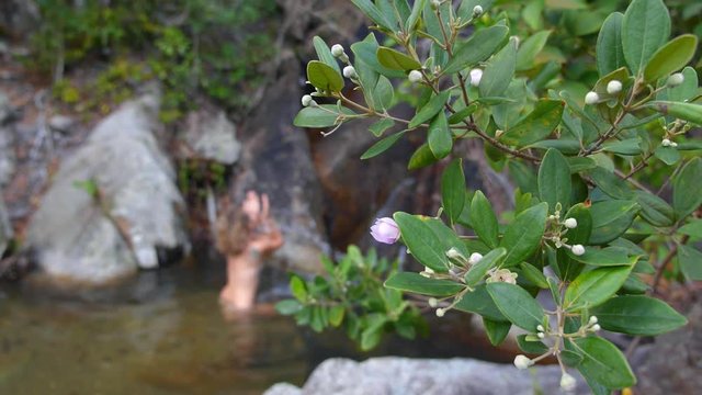 Young Sensual Woman Washing Under Waterfall Naked. Unity With Nature. Slow Motion. HD, 1920x1080. 