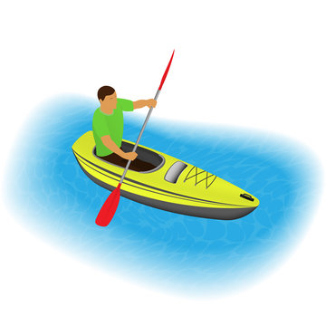 Kayaker character paddling on a kayak. Sports traveling man with paddle boating on canoe through river or sea.