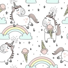 Materiał do szycia Vector pattern with cute unicorns, clouds,rainbow and stars. Magic background with little unicorns.