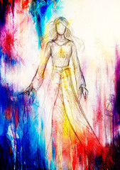 Sketch of mystical woman in beautiful dress inspired by middle age design. Color effect.