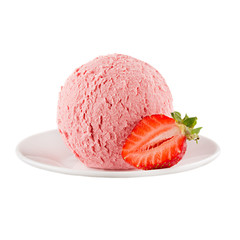 Ice cream pink scoop with slice strawberry on plate isolated on white background.