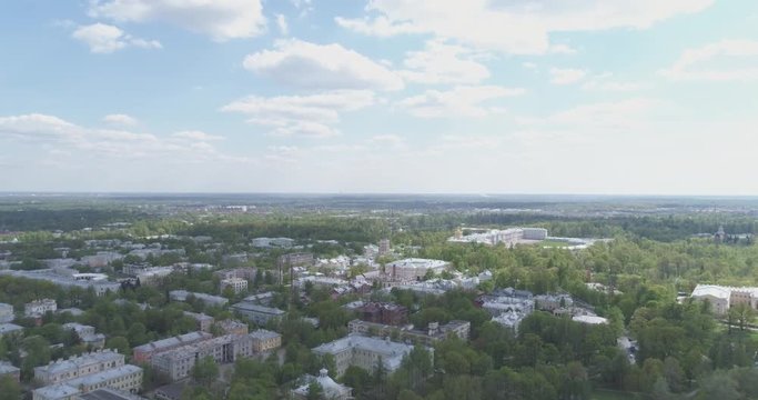 aerial back fly over Pushkin town, Tsarskoye Selo in summer day, 4k prores footage