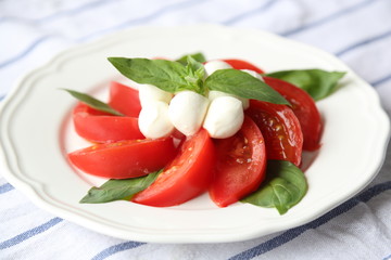 CAPRESE SALAD WITH TOMATOES, MOZZARELLA CHEESE AND BASIL LEAF ON A WHITE PLATE.