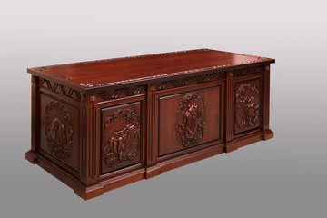 Carved wooden table on a gray background