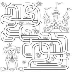 elp little cute princess find path to castle. Labyrinth. Maze game for kids. Black and white illustration for coloring book © alka5051
