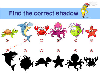 Find correct shadow. Kids educational game. Sea animals. Turtle, shark, crab, octopus, monkfish, starfish 