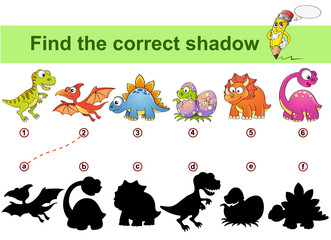 Find correct shadow. Kids educational game. Dinosaurs