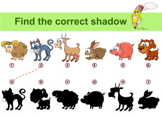 Find correct shadow. Kids educational game. Farm animals. Sheep, cat, goat, rabbit, dog, pig
