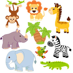 Jungle animals. Lion, elephant, giraffe, monkey, parrot, crocodile, zebra and rhinoceros