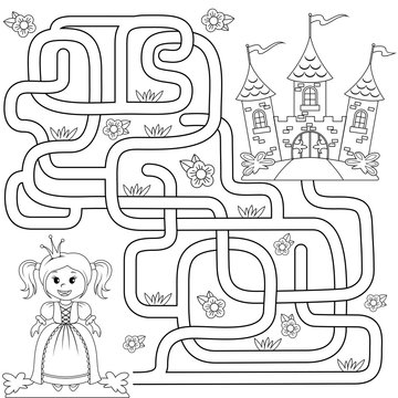 elp little cute princess find path to castle. Labyrinth. Maze game for kids. Black and white illustration for coloring book