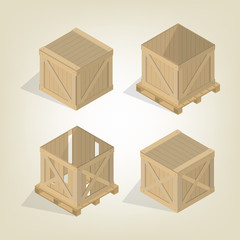 Realistic wooden box with pallet isometric, vector illustration.