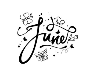 June, decorative word with doodles on white background, illustration