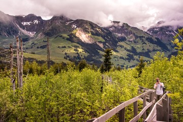 Naturfotograf auf Holzsteg im Naturschutzgebiet mit Gantrisch im Hintergrund
