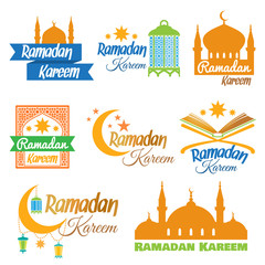 Set of icons for Islamic month of Ramadan. Illustration for muslim holy month Ramadan with mosque, crescent moon, lantern. Vector