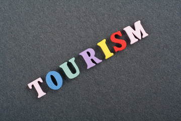 TOURISM word on black board background composed from colorful abc alphabet block wooden letters, copy space for ad text. Learning english concept.