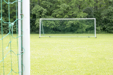 Fototapeta premium Empty soccer field with green grass. Net of goal. Nature in the background. Concept of summer leisure and sport.