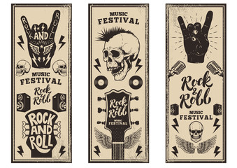 Rock and roll party flyers template. Vintage guitars, punk skull, rock and roll sign on grunge background. Vector illustration - obrazy, fototapety, plakaty