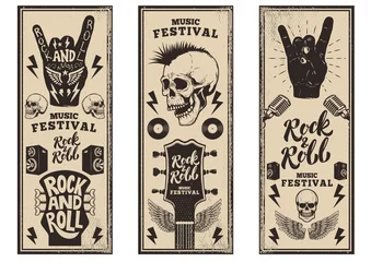 Fototapeten Rock and roll party flyers template. Vintage guitars, punk skull, rock and roll sign on grunge background. Vector illustration © liubov