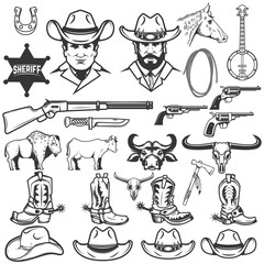 Set of cowboy design elements. Cowboy boots, hats, weapon. Cow, bull, buffalo. Design elements for logo, label, emblem, sign, badge. Vector illustration