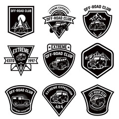 Set of four off-road suv car emblems. Extreme adventure club. Vector illustration