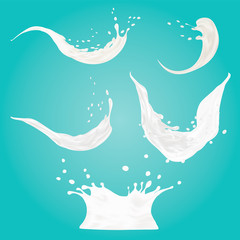 Obraz na płótnie Canvas set of milk splashes vector isolated over blue background. pouring white liquid or dairy products. Cream, yogurt fall with drops and blots. 3d illustration.