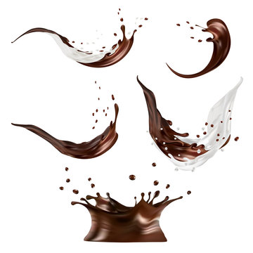 Milk and chocolate splashes vector isolated over white background. pouring liquid or milkshake falling with drops and blots. 3d illustration.