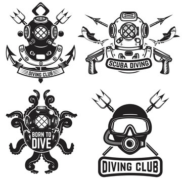 Set of vintage dive helmets. Diver emblems. Diver weapon. Vector illustration