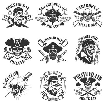 pirate emblems on white background. Corsair skulls, weapon, swords,guns. Design elements for logo, label, emblem, sign, poster, t-shirt. Vector illustration