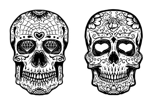 Set of hand drawn sugar skulls on white background. Vector illustration