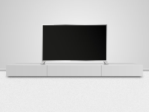 Realistic TV screen. Blank television template. Modern TV on a shelf in a bright room with carpeted floors and white furniture. Realistic vector illustration. A layout for your design.
