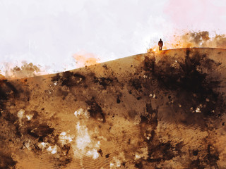 Man on the sand dune in the desert,digital watercolor painting