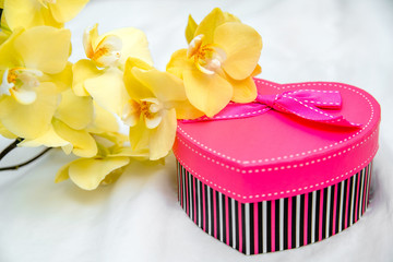 Fototapeta na wymiar gift box in form of heart on the background of the yellow orchid 