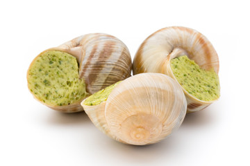 Cooked snails delicacy. French cuisine stuffed snails.