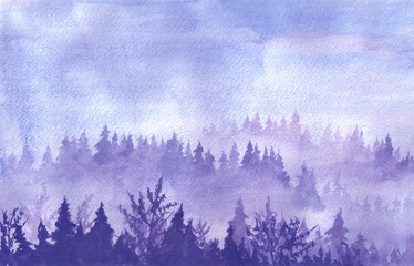 Watercolor hand drawn illustration of misty foresrt, Old trees, hill covered forest.