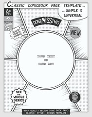 Free space Comic book page template. Comics layout and action with speed lines,   halftone background and other elements. © poleshuki