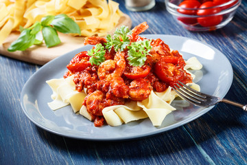 Pappardelle pasta with shrimp, tomatoes and herbs