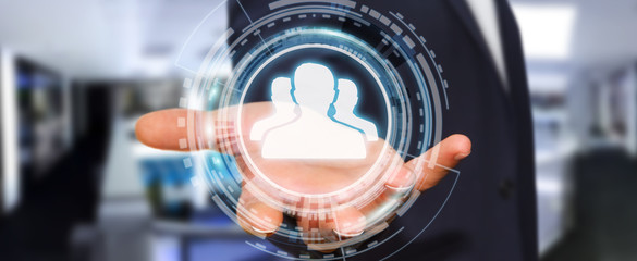 Businessman using blue social network 3D rendering