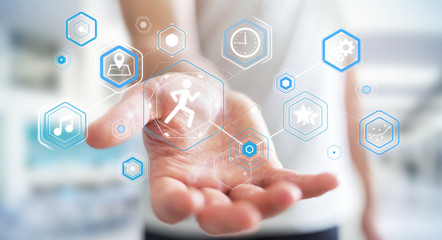 Young man using running application to check his performances 3D rendering