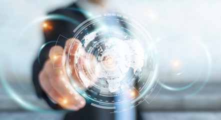 Businessman using hologram screen with digital datas 3D rendering