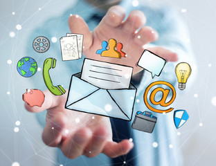 Businessman holding manuscript contact icon in his hand