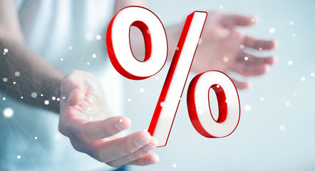 Businessman using white and red sales flying icons 3D rendering