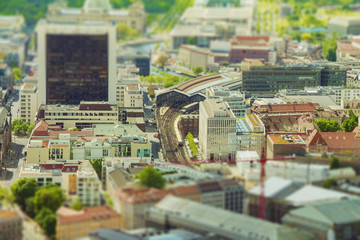 Aerial view of Berlin skyline with S-Bahn tracks rapid train and colorful buildings