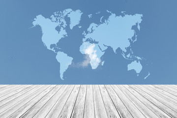 Fototapeta na wymiar Blue sky cloud with Wood terrace and world map