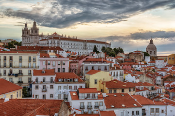 Lisbon, Portugal: aerial view the old town, Alfama at sunrise
