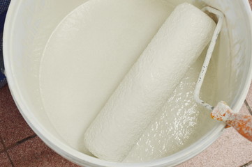 paint roller in white color bucket prepare to used