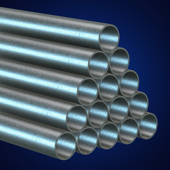 Stack of steel metal pipes. 3d render on blue. Business industry concept